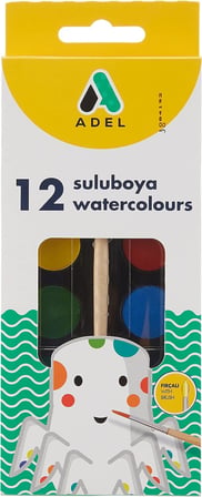 Adel Suluboya, 12 Renk, 24 mm Tablet, Canlı ve Parlak Renkler, Fırça İçerir