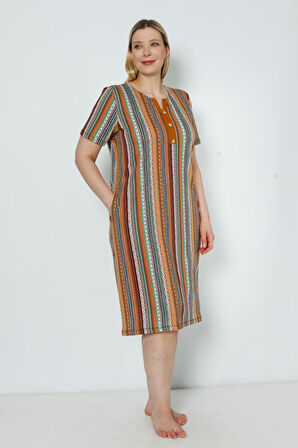 Kadın Kısa Kollu Desenli Cepli Büyük Beden Pamuklu Elbise