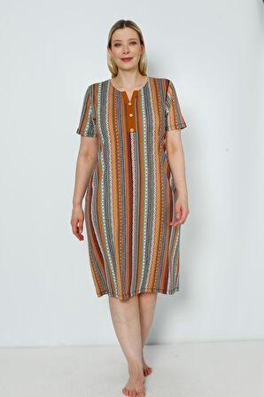 Kadın Kısa Kollu Desenli Cepli Büyük Beden Pamuklu Elbise