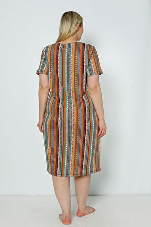 Kadın Kısa Kollu Desenli Cepli Büyük Beden Pamuklu Elbise