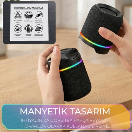 Rongep Taşınabilir Bluetooth Hoparlör Sound-Twin 10W TWS Stereo [Manyetik Özellikli] İki Parçaya Ayrılabilen RGB Işıklı IPX6 Suya Dayanıklı Type-C Şarjlı Kablosuz Speaker (Siyah)