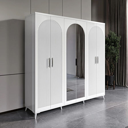 Ücretsiz Montaj - 100% MDF Oslo 6 Kapaklı - Aynalı Beyaz Gardırop - MDF Dolap - Elbise Dolabı