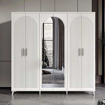Ücretsiz Montaj - 100% MDF Oslo 6 Kapaklı - Aynalı Beyaz Gardırop - MDF Dolap - Elbise Dolabı