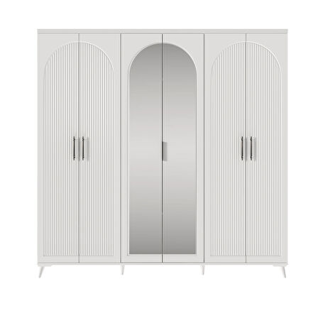 Ücretsiz Montaj - 100% MDF Oslo 6 Kapaklı - Aynalı Beyaz Gardırop - MDF Dolap - Elbise Dolabı