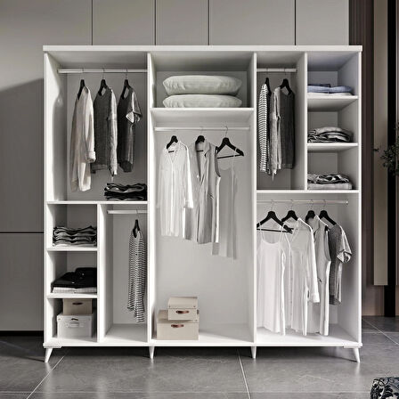 Ücretsiz Montaj - 100% MDF Oslo 6 Kapaklı - Aynalı Beyaz Gardırop - MDF Dolap - Elbise Dolabı