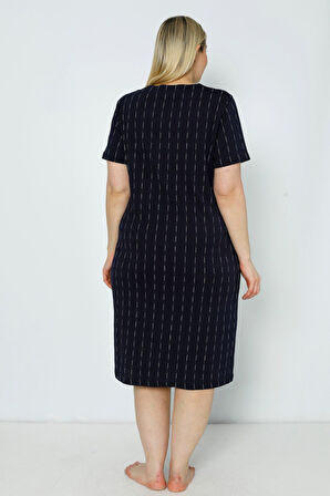 Kadın Kısa Kollu Çizgi Desenli Düğmeli Büyük Beden Pamuklu Elbise