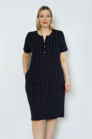 Kadın Kısa Kollu Çizgi Desenli Düğmeli Büyük Beden Pamuklu Elbise