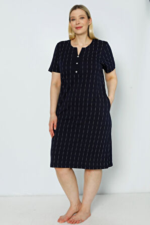 Kadın Kısa Kollu Çizgi Desenli Düğmeli Büyük Beden Pamuklu Elbise