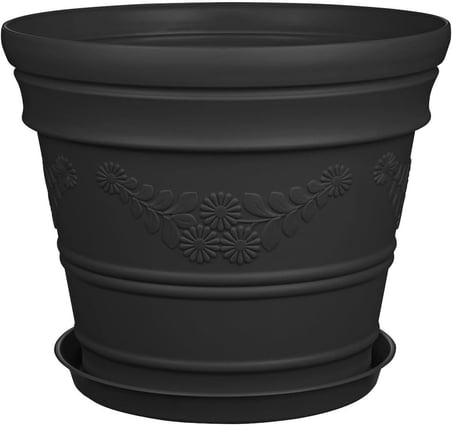 Antik Papatya Desenli Siyah Renk Saksı 21 Litre Siyah