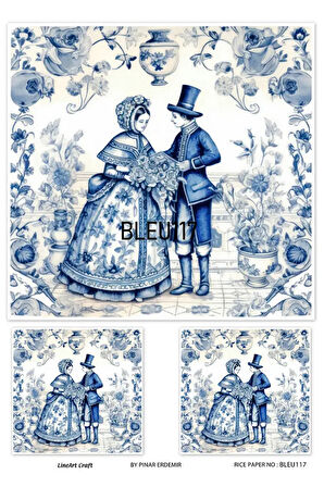 Bleu Serisi BLEU117 Mavi Beyaz, Porselen Desenli 30*42 cm Pirinç Dekopaj