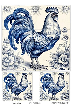 Bleu Serisi BLEU119 Mavi Beyaz, Horoz, Porselen Desenli 30*42 cm Pirinç Dekopaj