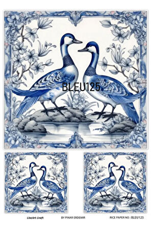 Bleu Serisi BLEU125 Mavi Beyaz, Kaz, Porselen Desenli 30*42 cm Pirinç Dekopaj