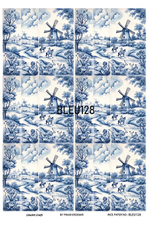 Bleu Serisi BLEU128 Mavi Beyaz, Çoklu, Yeldeğirmenleri, Porselen Desenli 30*42 cm Pirinç Dekopaj