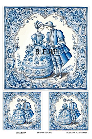 Bleu Serisi BLEU131 Mavi Beyaz, Porselen Desenli 30*42 cm Pirinç Dekopaj