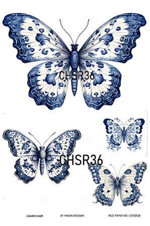 Chino Serisi CHSR36 Mavi Beyaz, Kelebek Desenli 30*42 cm Pirinç Dekopaj
