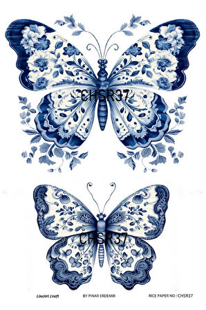 Chino Serisi CHSR37 Mavi Beyaz, Kelebek Desenli 30*42 cm Pirinç Dekopaj