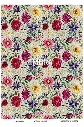 Emroidery Serisi EMBR4 Renkli, Çiçek, Nakış Desenli 30*42 cm Pirinç Dekopaj
