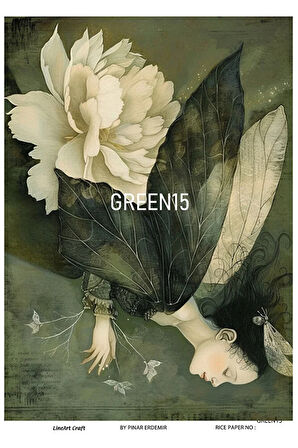 Green Serisi GREEN15 Yeşil, Melek, Çiçek Desenli 30*42 cm Pirinç Dekopaj