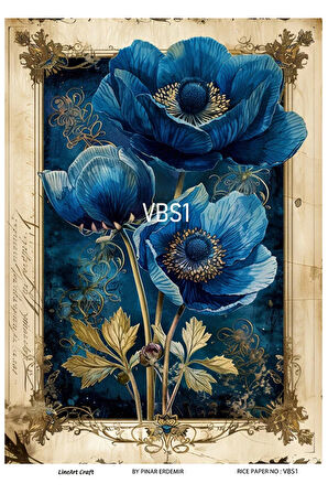 Lacivert Serisi VBS1 Mavi, Çiçek Desenli 30*42 cm Pirinç Dekopaj
