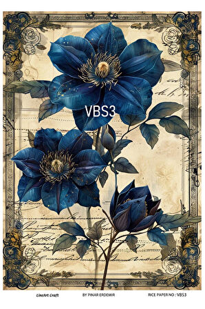 Lacivert Serisi VBS3 Mavi, Çiçek Desenli 30*42 cm Pirinç Dekopaj