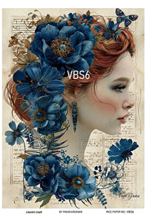 Lacivert Serisi VBS6 Mavi, Çiçek, Portre Desenli 30*42 cm Pirinç Dekopaj