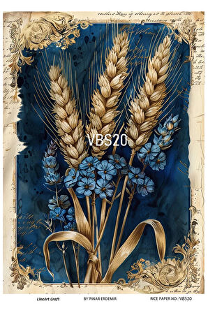 Lacivert Serisi VBS20 Mavi, Çiçek, Portre Desenli 30*42 cm Pirinç Dekopaj