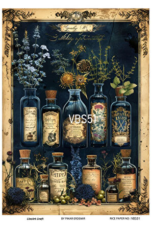 Lacivert Serisi VBS51 Mavi, Çiçek, Portre Desenli 30*42 cm Pirinç Dekopaj