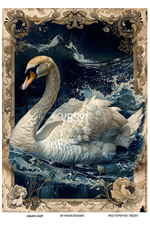 Lacivert Serisi VBS91 Mavi, Kuğu, Marin Desenli 30*42 cm Pirinç Dekopaj