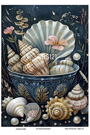 Lacivert Serisi VBS121 İstiridye, Deniz Kabukları, Mavi Desenli 30*42 cm Pirinç Dekopaj