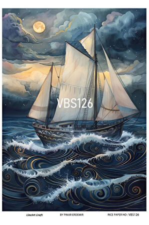 Lacivert Serisi VBS126 Dolunay, Yelkenli, Deniz Kabukları, Mavi Desenli 30*42 cm Pirinç Dekopaj