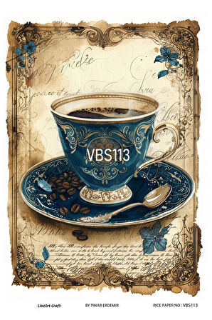 Lacivert Serisi VBS113 Fincan, Mavi, Çiçek Desenli 30*42 cm Pirinç Dekopaj
