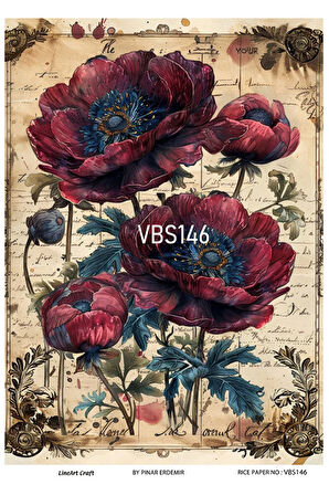 Lacivert Serisi VBS146 Çiçek, Gelincik Desenli 30*42 cm Pirinç Dekopaj