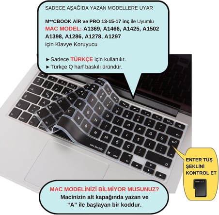 MacBook Türkçe Q Klavye Koruyucu Silikon – MacBook Air 13 A1369 A1466 &amp; Pro A1278 A1425 A1502 A1286 A1398 Uyumlu – Ultra İnce Siyah