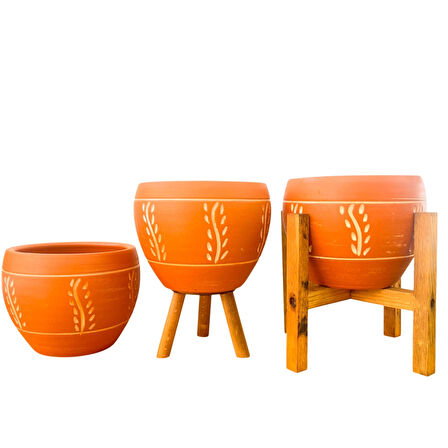 Bitki Tasarımı Ev Dekorasyon Nakış Desenli Terrakota Toprak Saksı Saksılık Salon Çiçeklik Üçlü Set - 15 Cm