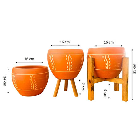 Bitki Tasarımı Ev Dekorasyon Nakış Desenli Terrakota Toprak Saksı Saksılık Salon Çiçeklik Üçlü Set - 15 Cm