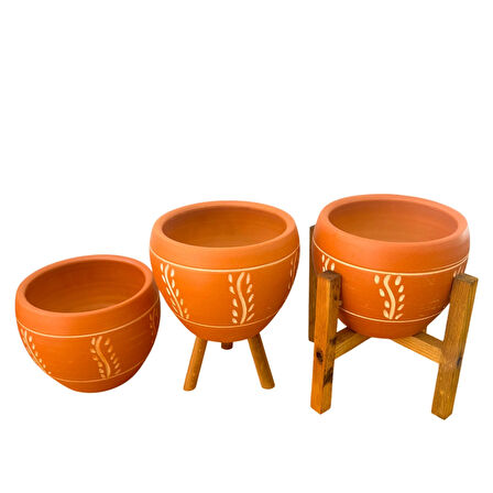 Bitki Tasarımı Ev Dekorasyon Nakış Desenli Terrakota Toprak Saksı Saksılık Salon Çiçeklik Üçlü Set - 15 Cm
