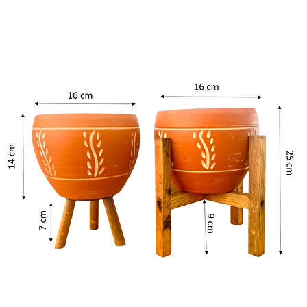Bitki Tasarımı Ev Dekorasyon Nakış Desenli Terrakota Toprak Saksı Saksılık Salon Çiçeklik İkili Set 3 Ayaklı- 4 Ayaklı- 15 Cm