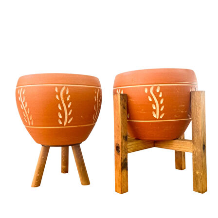Bitki Tasarımı Ev Dekorasyon Nakış Desenli Terrakota Toprak Saksı Saksılık Salon Çiçeklik İkili Set 3 Ayaklı- 4 Ayaklı- 15 Cm