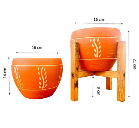 Bitki Tasarımı Ev Dekorasyon Nakış Desenli Terrakota Toprak Saksı Saksılık Salon Çiçeklik İkili Set Ayaksız - 4 Ayaklı- 15 Cm