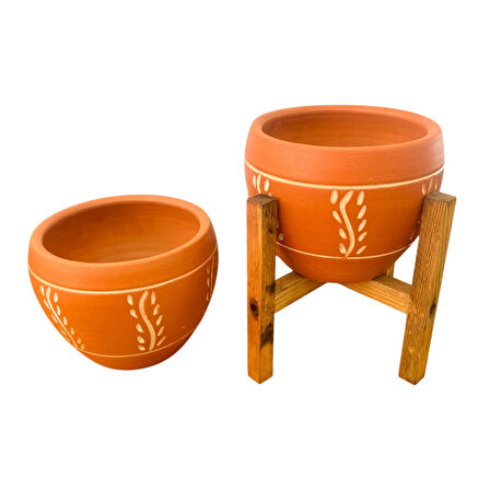 Bitki Tasarımı Ev Dekorasyon Nakış Desenli Terrakota Toprak Saksı Saksılık Salon Çiçeklik İkili Set Ayaksız - 4 Ayaklı- 15 Cm