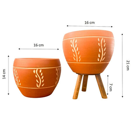 Bitki Tasarımı Ev Dekorasyon Nakış Desenli Terrakota Toprak Saksı Saksılık Salon Çiçeklik İkili Set Ayaksız - 3 Ayaklı- 15 Cm