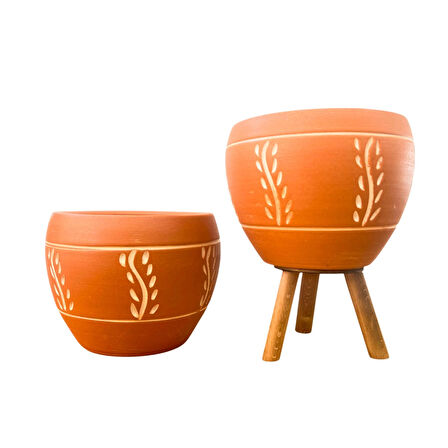 Bitki Tasarımı Ev Dekorasyon Nakış Desenli Terrakota Toprak Saksı Saksılık Salon Çiçeklik İkili Set Ayaksız - 3 Ayaklı- 15 Cm