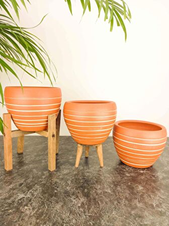 Ev Dekorasyon Yan Çizgi Desenli Terrakota Toprak Saksı Saksılık Salon Çiçeklik Üçlü Set - 15 Cm