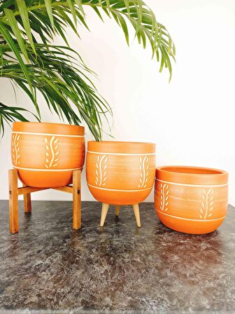 Bitki Tasarımı Ev Dekorasyon Nakış Desenli Toprak Saksı Saksılık Salon Çiçeklik Üçlü Set - 19 CM