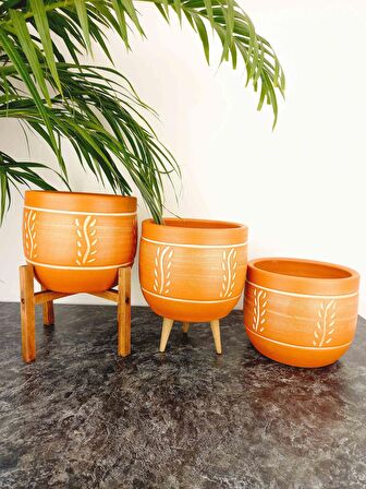 Bitki Tasarımı Ev Dekorasyon Nakış Desenli Toprak Saksı Saksılık Salon Çiçeklik Üçlü Set - 19 CM