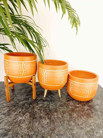 Bitki Tasarımı Ev Dekorasyon Nakış Desenli Toprak Saksı Saksılık Salon Çiçeklik Üçlü Set - 19 CM