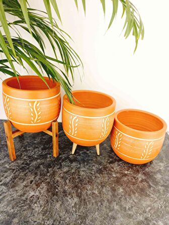 Bitki Tasarımı Ev Dekorasyon Nakış Desenli Toprak Saksı Saksılık Salon Çiçeklik Üçlü Set - 19 CM