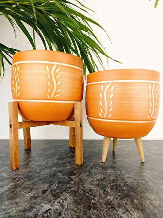 Bitki Tasarımı Ev Dekorasyon Nakış Desenli Toprak Saksı Saksılık Salon Çiçeklik İkili Set 3 Ayaklı- 4 Ayaklı- 19 CM
