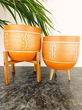 Bitki Tasarımı Ev Dekorasyon Nakış Desenli Toprak Saksı Saksılık Salon Çiçeklik İkili Set 3 Ayaklı- 4 Ayaklı- 19 CM
