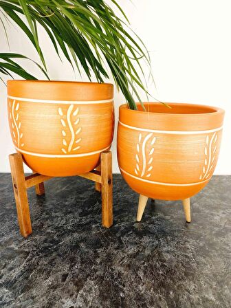 Bitki Tasarımı Ev Dekorasyon Nakış Desenli Toprak Saksı Saksılık Salon Çiçeklik İkili Set 3 Ayaklı- 4 Ayaklı- 19 CM